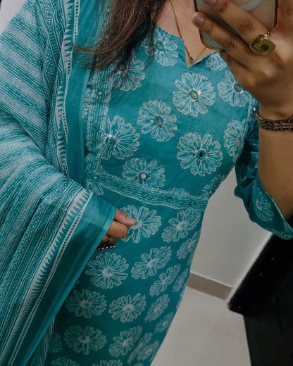 Biba Floral Print Cotton Kurta Set with Striped Dupatta