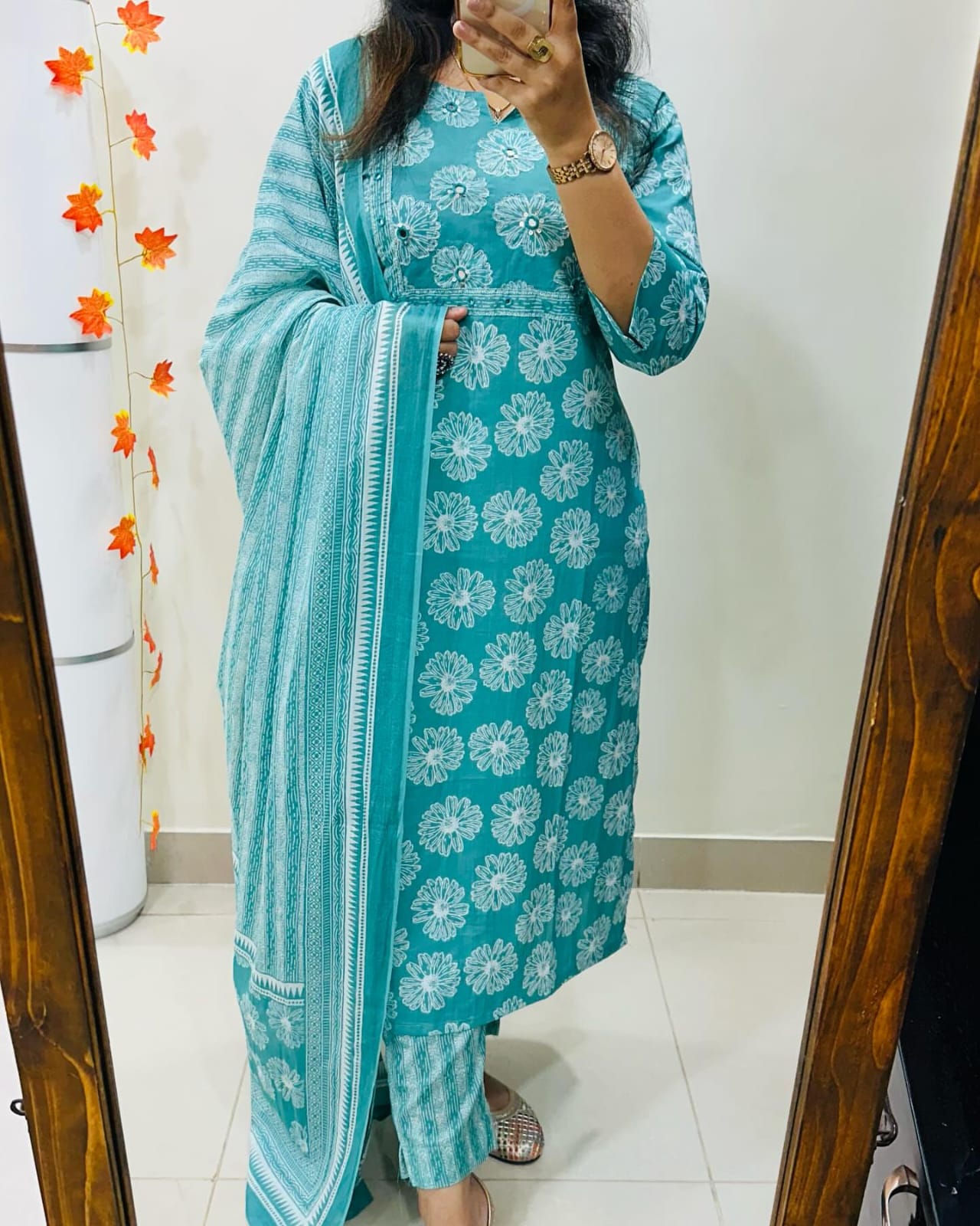 Biba Floral Print Cotton Kurta Set with Striped Dupatta