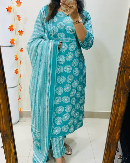 Biba Floral Print Cotton Kurta Set with Striped Dupatta
