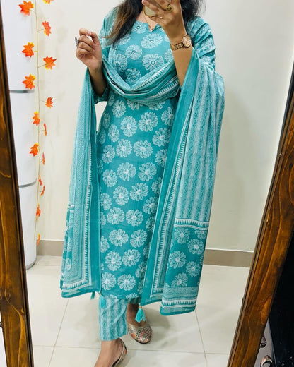 Biba Floral Print Cotton Kurta Set with Striped Dupatta
