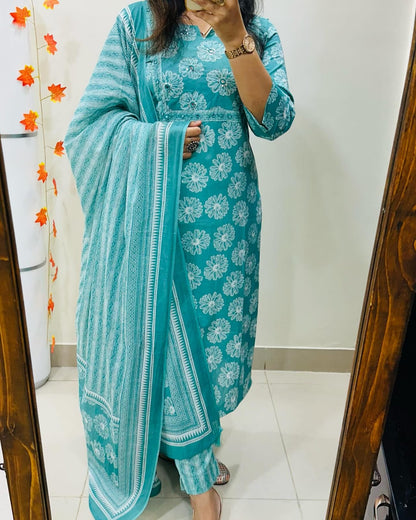 Biba Floral Print Cotton Kurta Set with Striped Dupatta