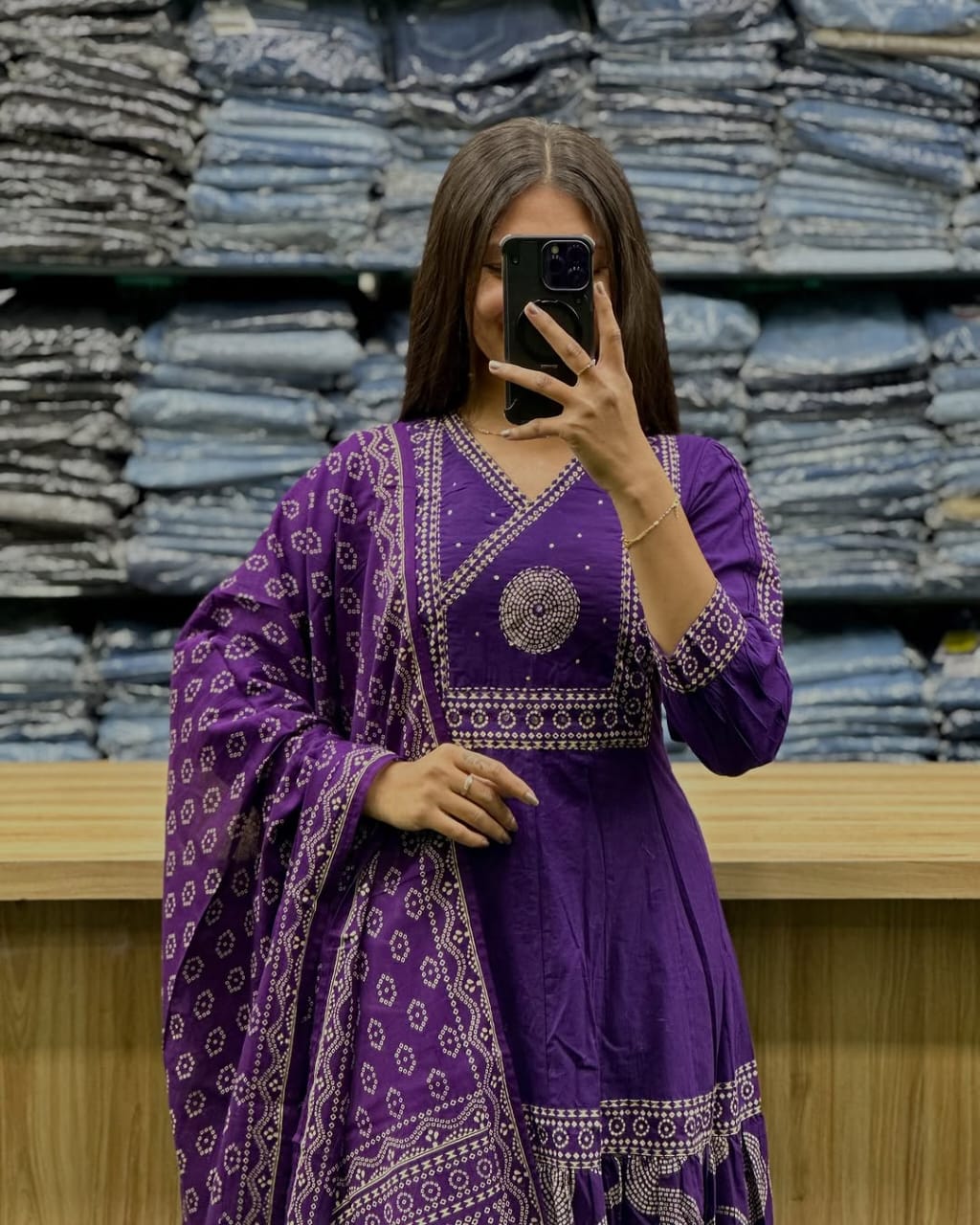 Biba Purple V Neck Heavy Anarkali Kurti, Pant with Dupatta