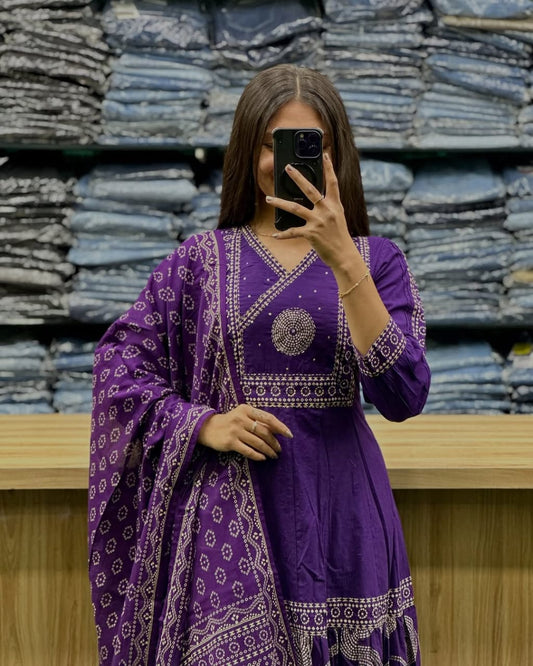 Biba Purple V Neck Heavy Anarkali Kurti, Pant with Dupatta