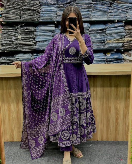 Biba Purple V Neck Heavy Anarkali Kurti, Pant with Dupatta