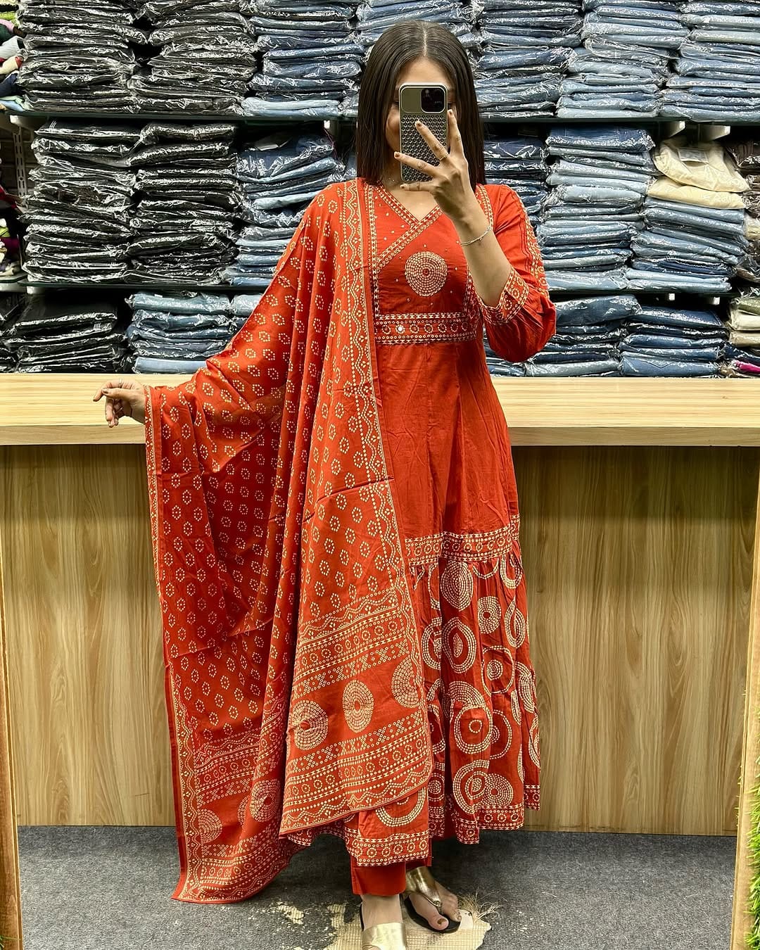 Biba Orange V Neck Heavy Anarkali Kurti, Pant with Dupatta