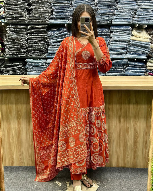 Biba Orange V Neck Heavy Anarkali Kurti, Pant with Dupatta