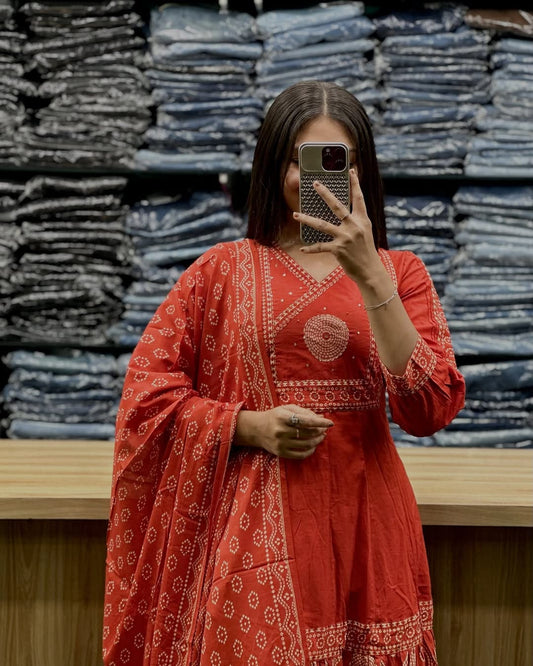 Biba Orange V Neck Heavy Anarkali Kurti, Pant with Dupatta
