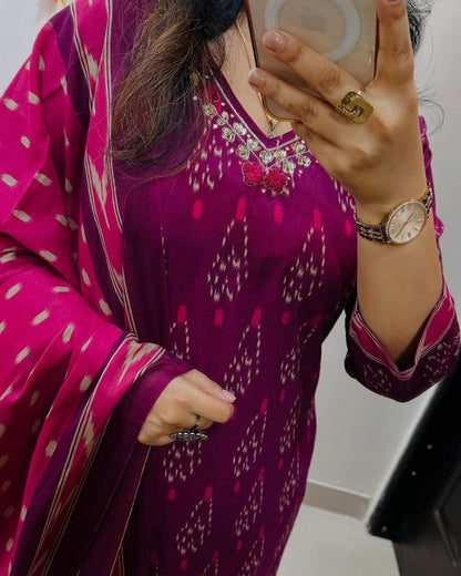 Biba Designer Ikkat Print with Kurti Pant & Dupatta Set