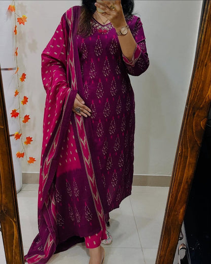 Biba Designer Ikkat Print with Kurti Pant & Dupatta Set