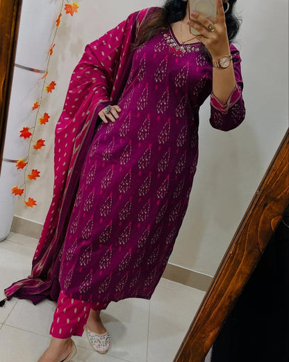 Biba Designer Ikkat Print with Kurti Pant & Dupatta Set
