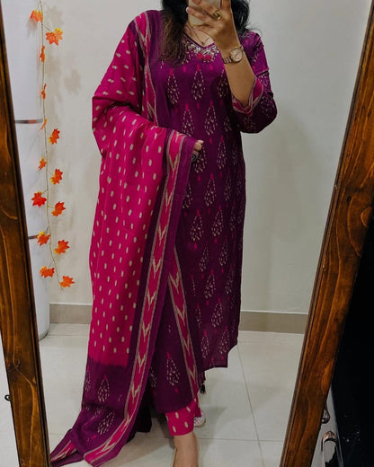 Biba Designer Ikkat Print with Kurti Pant & Dupatta Set