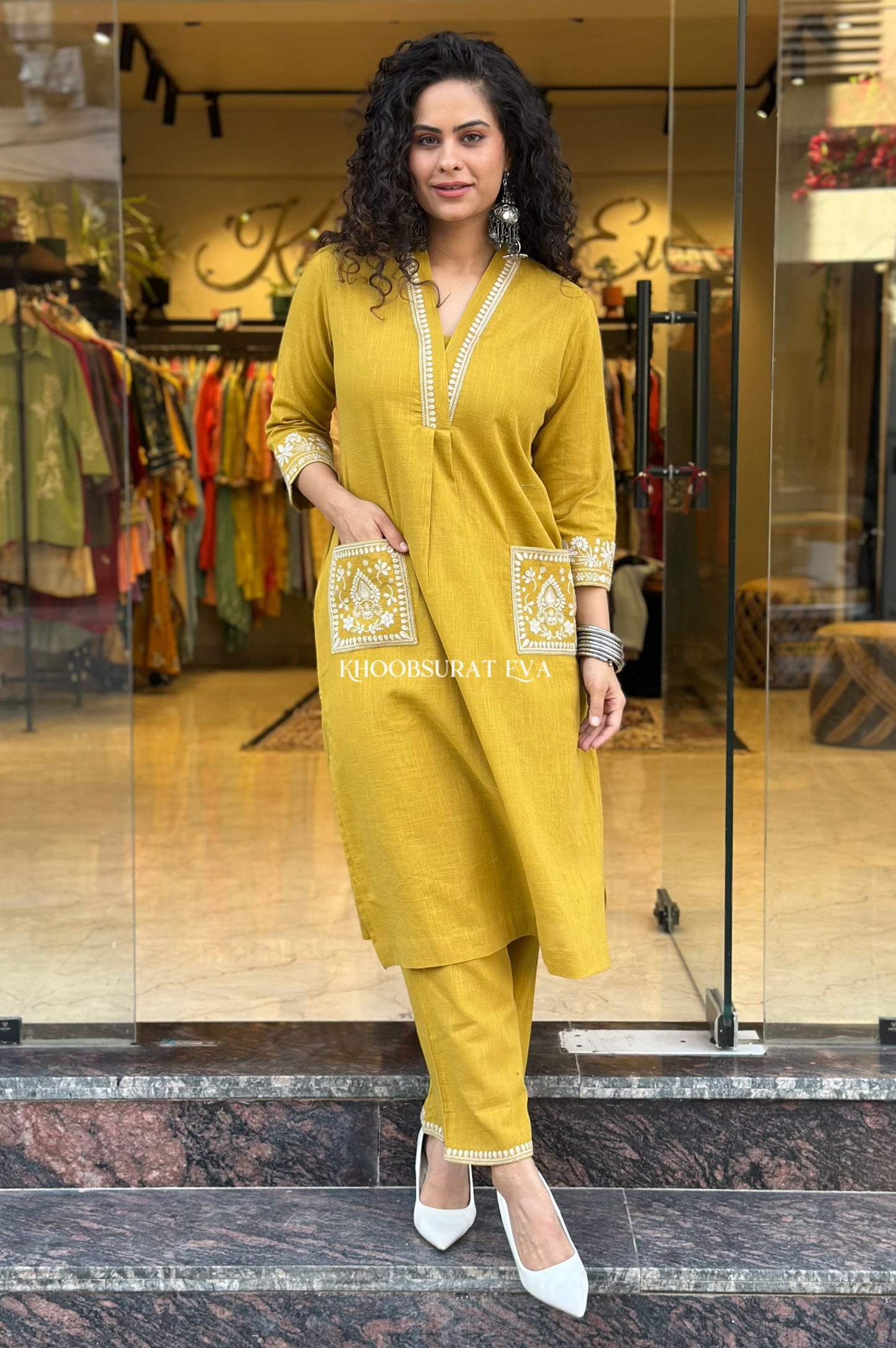 Biba Yellow Beautiful Cotton Slub with Both Sides Pocket