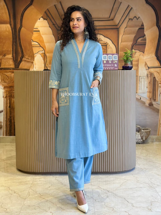 Biba Sky Blue Beautiful Cotton Slub with Both Sides Pocket
