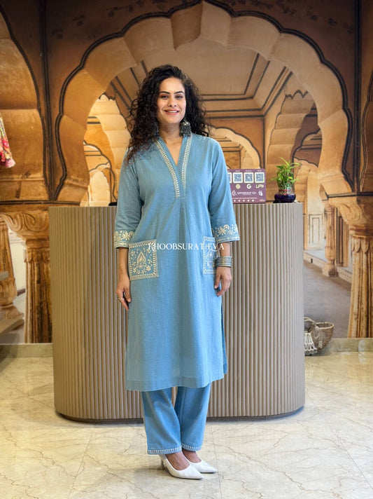 Biba Sky Blue Beautiful Cotton Slub with Both Sides Pocket