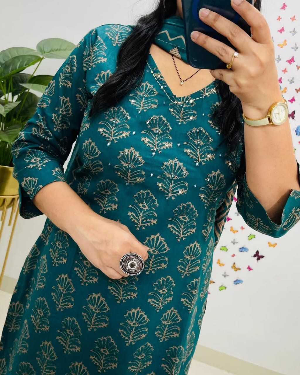 Biba Teal Green Kalamkari Designer Suit with Fusion Azrak Print Kurti Pant Dupatta Set