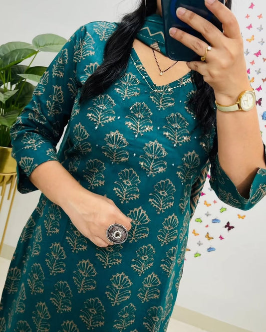 Biba Teal Green Kalamkari Designer Suit with Fusion Azrak Print Kurti Pant Dupatta Set