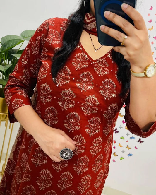 Biba Red Kalamkari Designer Suit with Fusion Azrak Print Kurti Pant Dupatta Set