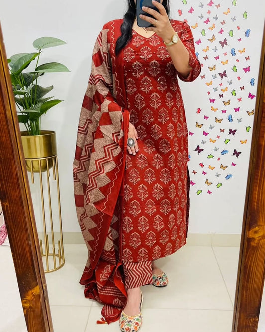 Biba Red Kalamkari Designer Suit with Fusion Azrak Print Kurti Pant Dupatta Set