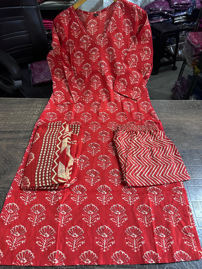 Biba Red Kalamkari Designer Suit with Fusion Azrak Print Kurti Pant Dupatta Set