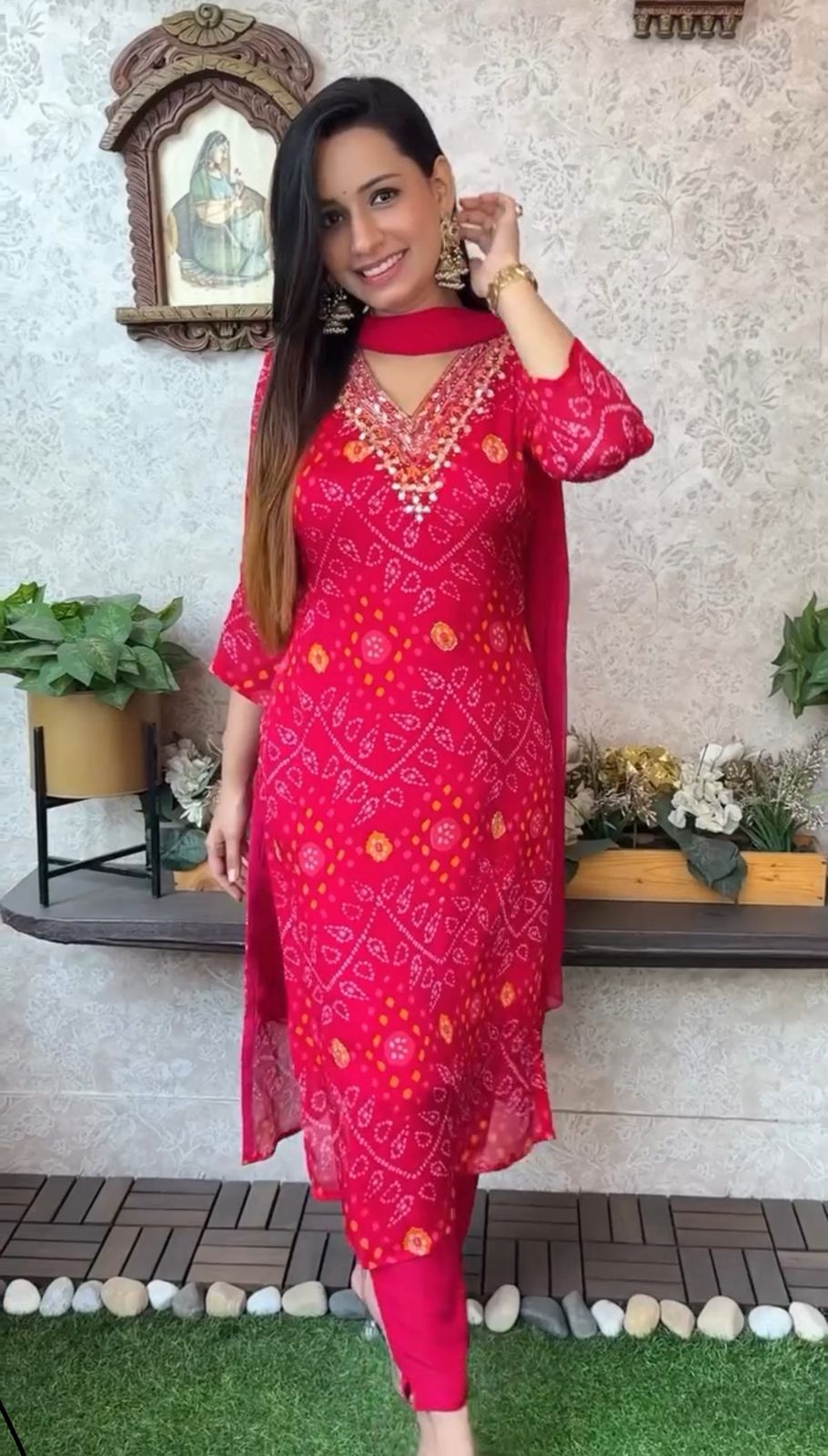 Biba Bandhej Cotton Embroidered kurta with Pant & Dupatta Set For Women
