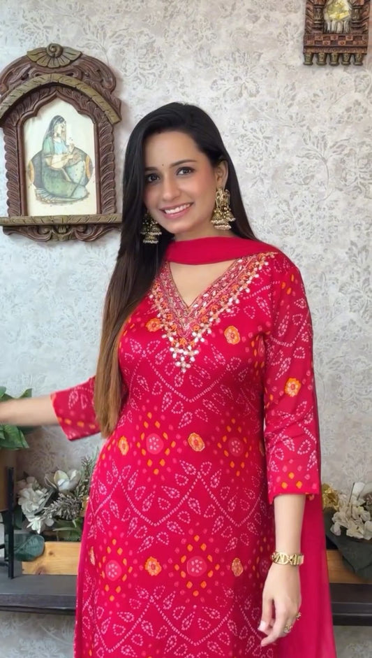Biba Bandhej Cotton Embroidered kurta with Pant & Dupatta Set For Women