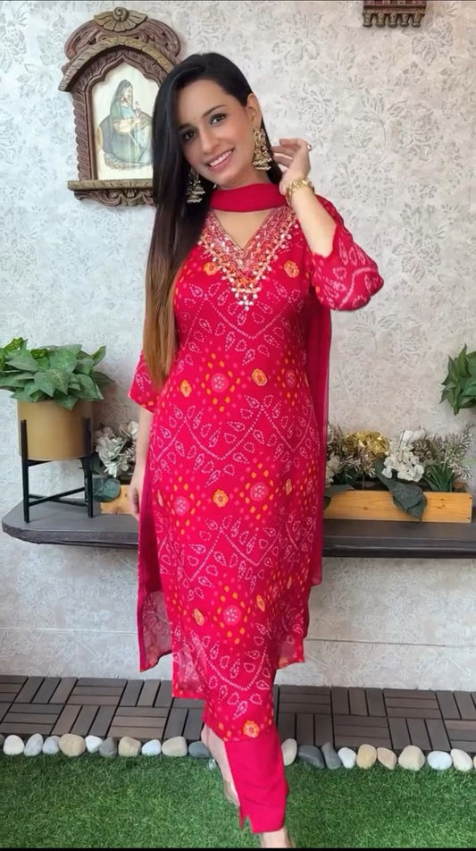 Biba Bandhej Cotton Embroidered kurta with Pant & Dupatta Set For Women
