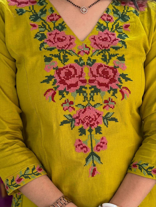 Biba Elegant Mustard Yellow Embroidered Kurta Set for Women