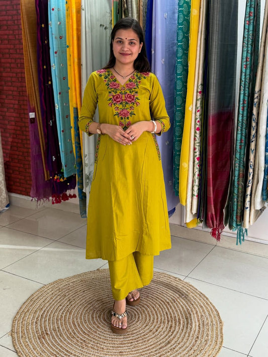 Biba Elegant Mustard Yellow Embroidered Kurta Set for Women