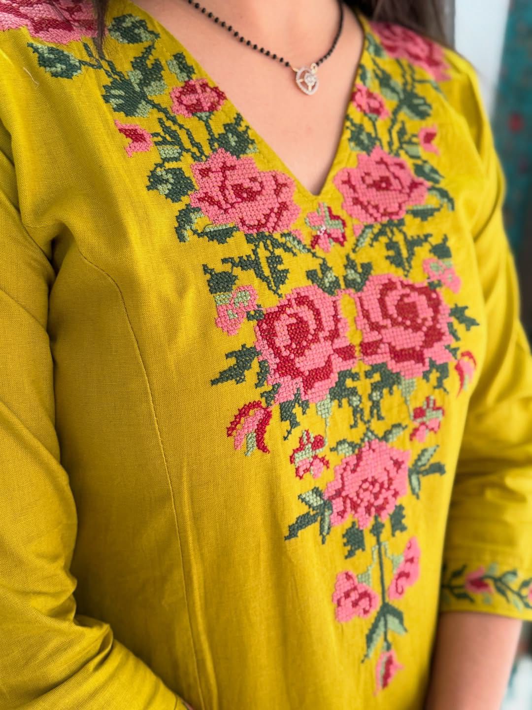 Biba Elegant Mustard Yellow Embroidered Kurta Set for Women