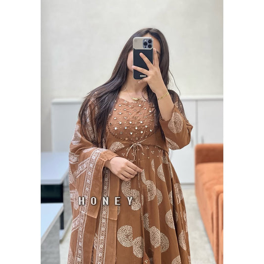 Biba Brown Cotton Printed Anarkali with Attached Jacket Detailing with Pants and Dupatta