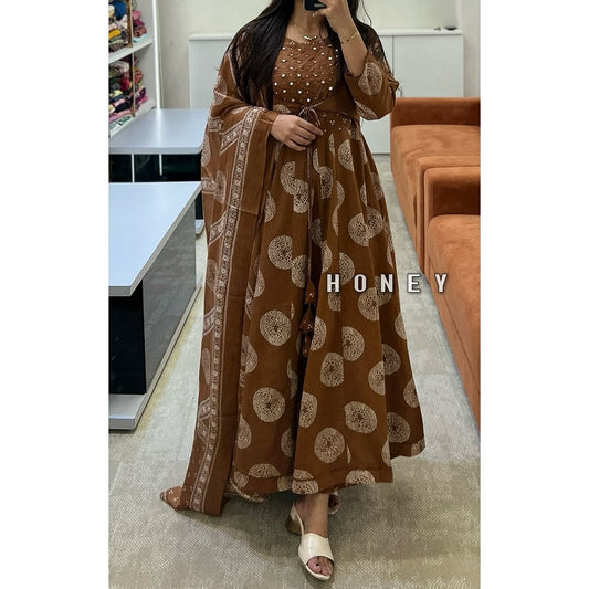 Biba Brown Cotton Printed Anarkali with Attached Jacket Detailing with Pants and Dupatta