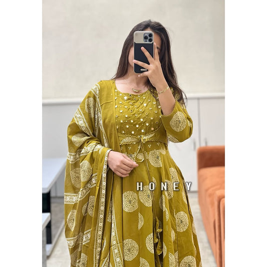 Biba Yellow Cotton Printed Anarkali with Attached Jacket Detailing with Pants and Dupatta