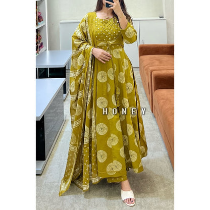Biba Yellow Cotton Printed Anarkali with Attached Jacket Detailing with Pants and Dupatta