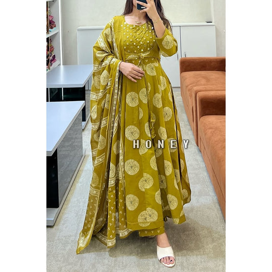 Biba Yellow Cotton Printed Anarkali with Attached Jacket Detailing with Pants and Dupatta