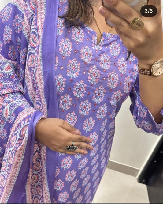 Biba Purple Floral Print Straight Kurta Set