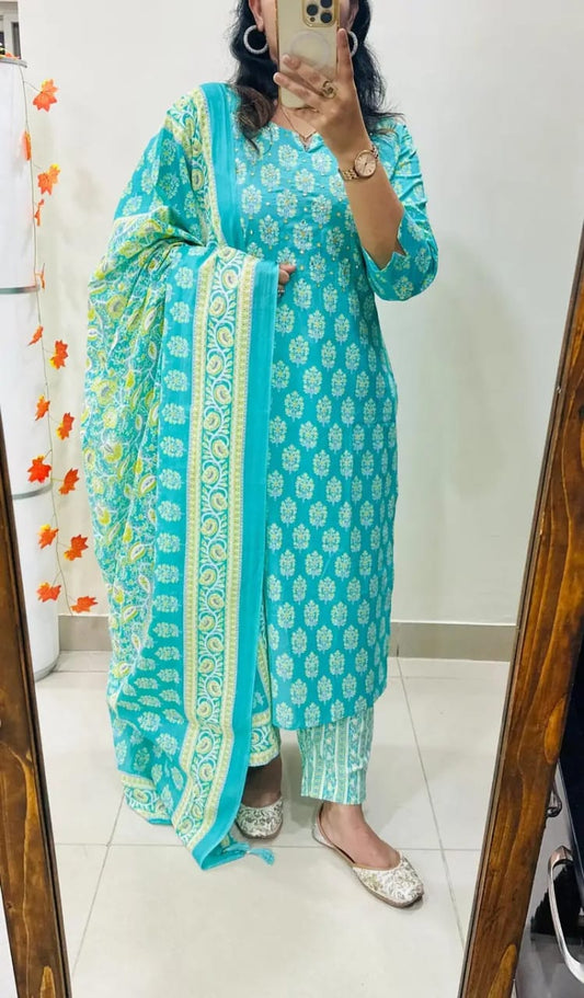 Biba Light Green Floral Print Straight Kurta