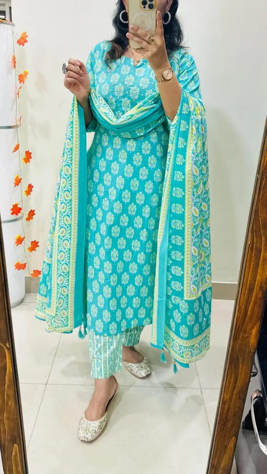 Biba Light Green Floral Print Straight Kurta