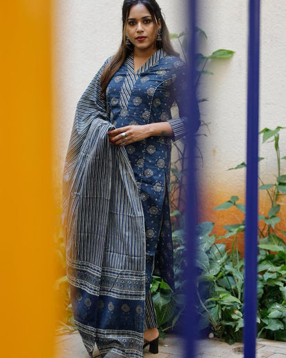 Biba Women Pure Cotton Kurta Palazzo Dupatta Set