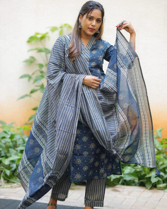 Biba Women Pure Cotton Kurta Palazzo Dupatta Set
