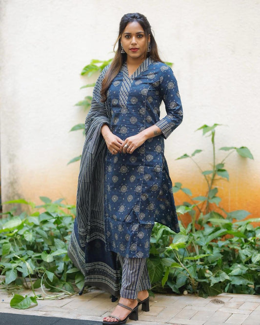 Biba Women Pure Cotton Kurta Palazzo Dupatta Set