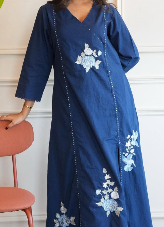 Biba Ira Embroedri Square Block Print Kurta In Indigo