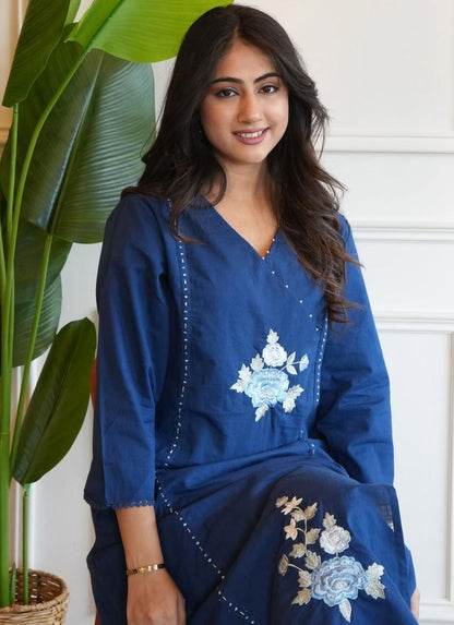 Biba Ira Embroedri Square Block Print Kurta In Indigo