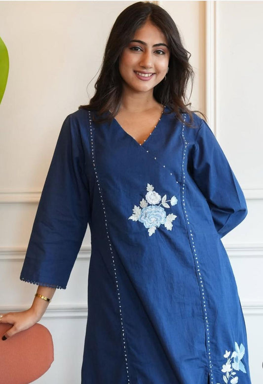 Biba Ira Embroedri Square Block Print Kurta In Indigo