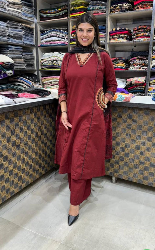Biba Mroon Cotton Embroidery Kurti Pant Dupatta Set