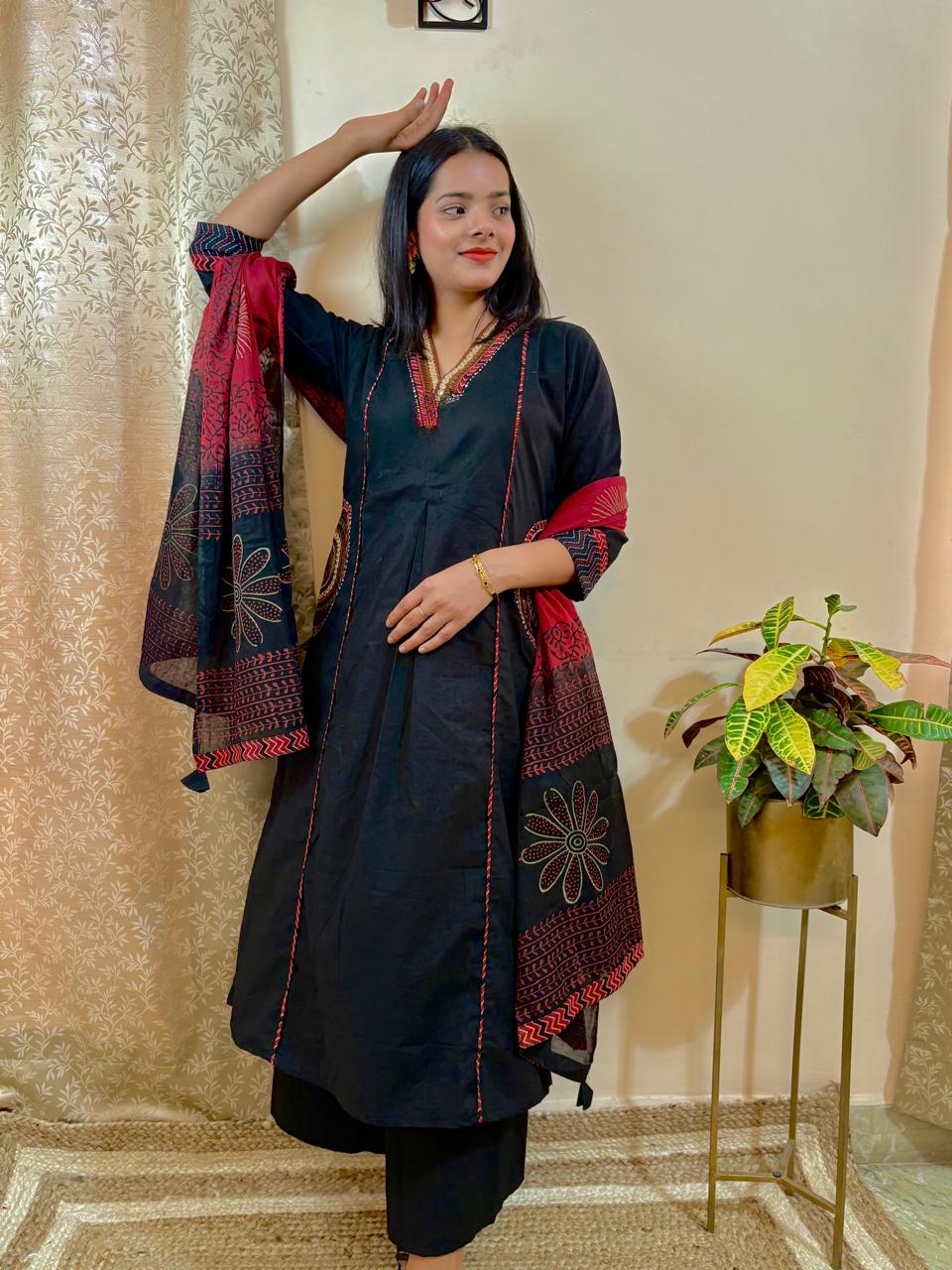 Biba Black Cotton Embroidery Kurti Pant Dupatta Set