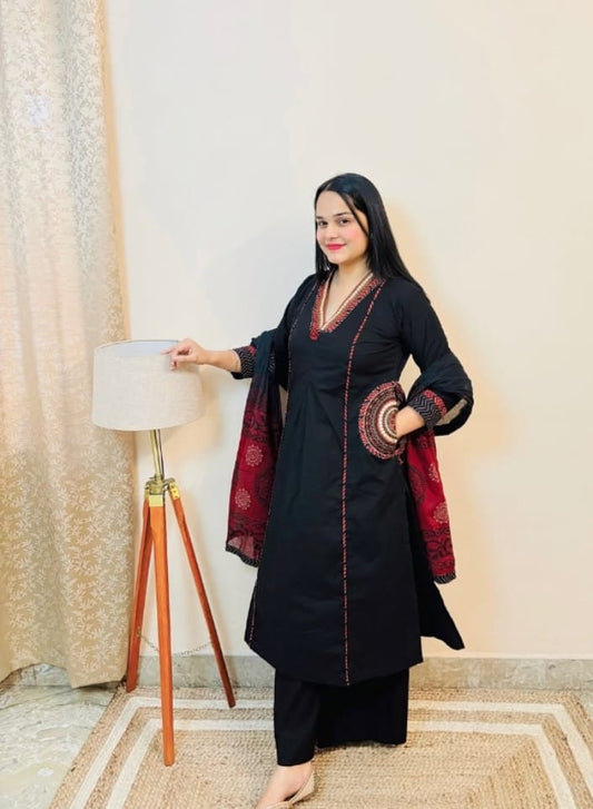 Biba Black Cotton Embroidery Kurti Pant Dupatta Set