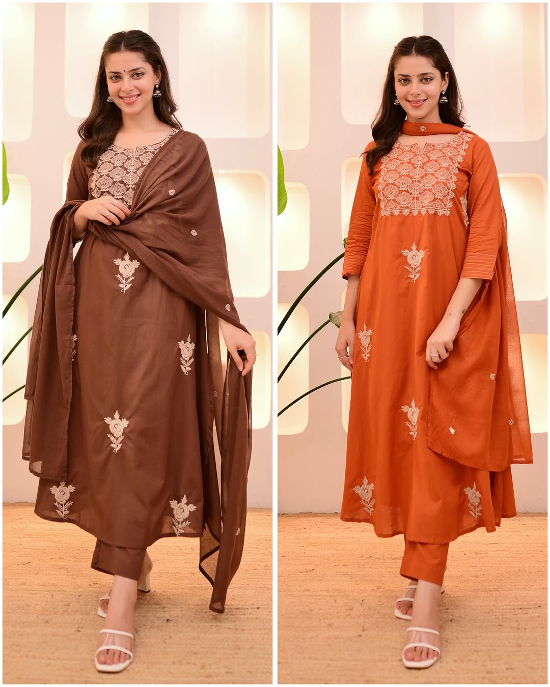Mocha Brown Threadwork Cotton Suit