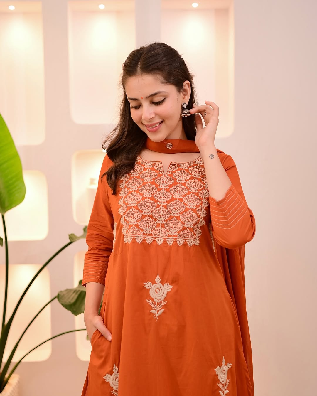 Mocha Brown Threadwork Cotton Suit