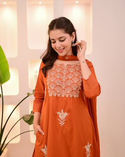 Mocha Brown Threadwork Cotton Suit