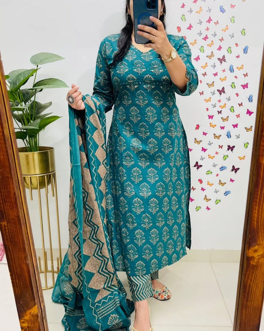 Biba Teal Green Kalamkari Designer Suit with Fusion Azrak Print Kurti Pant Dupatta Set